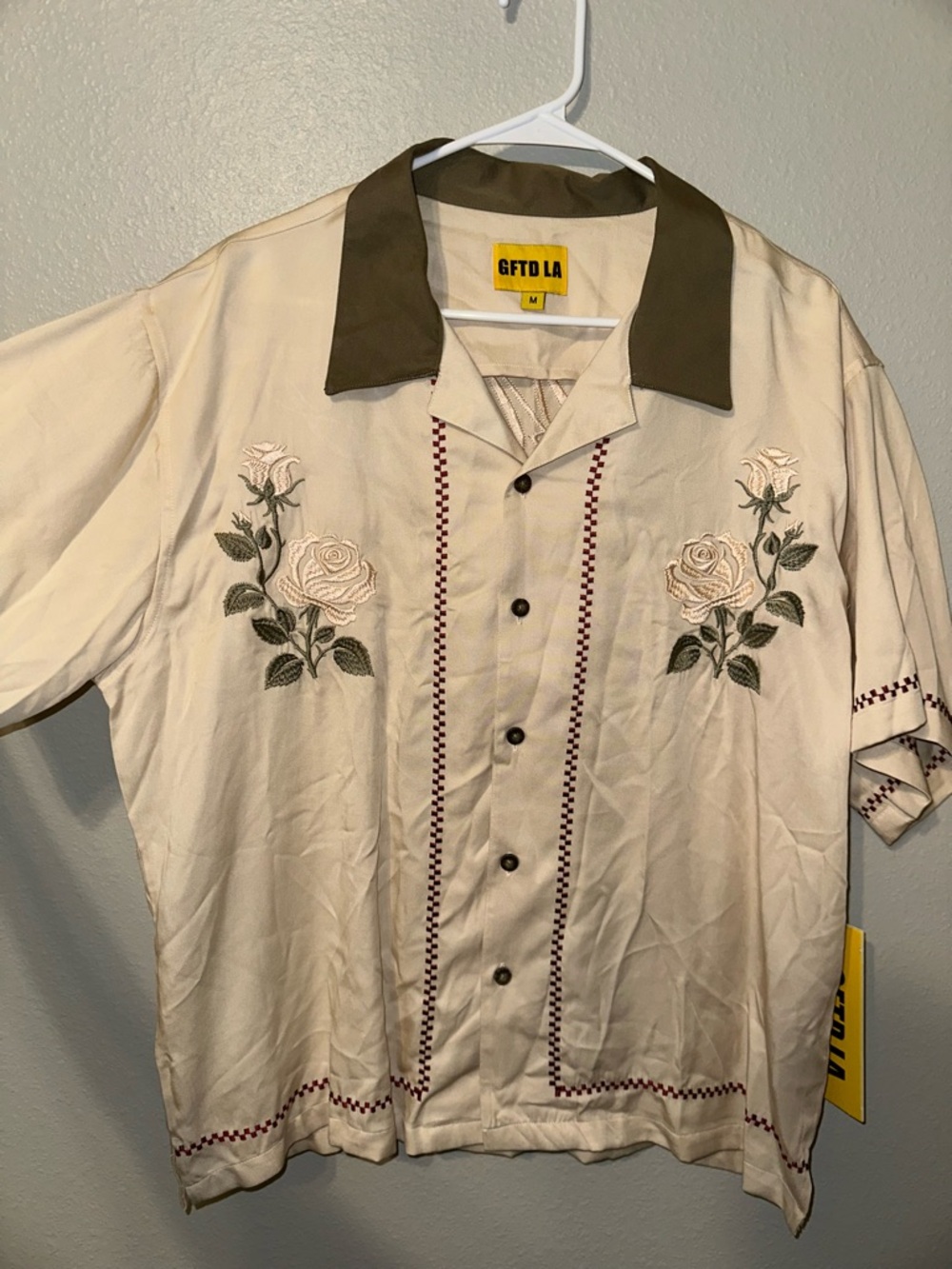 GFTD LA Embroidered Misery Shirt in Cream & Olive